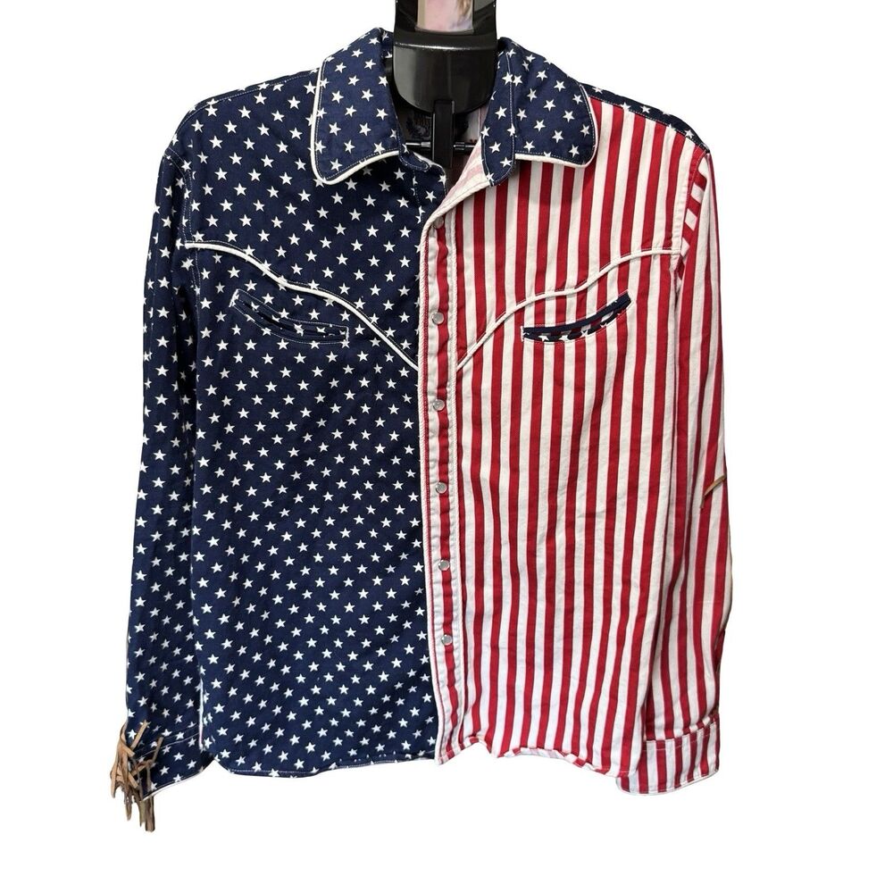 Vintage Men's Western American Flag USA The Nutter By Chubbies Fringe Pearl Snap